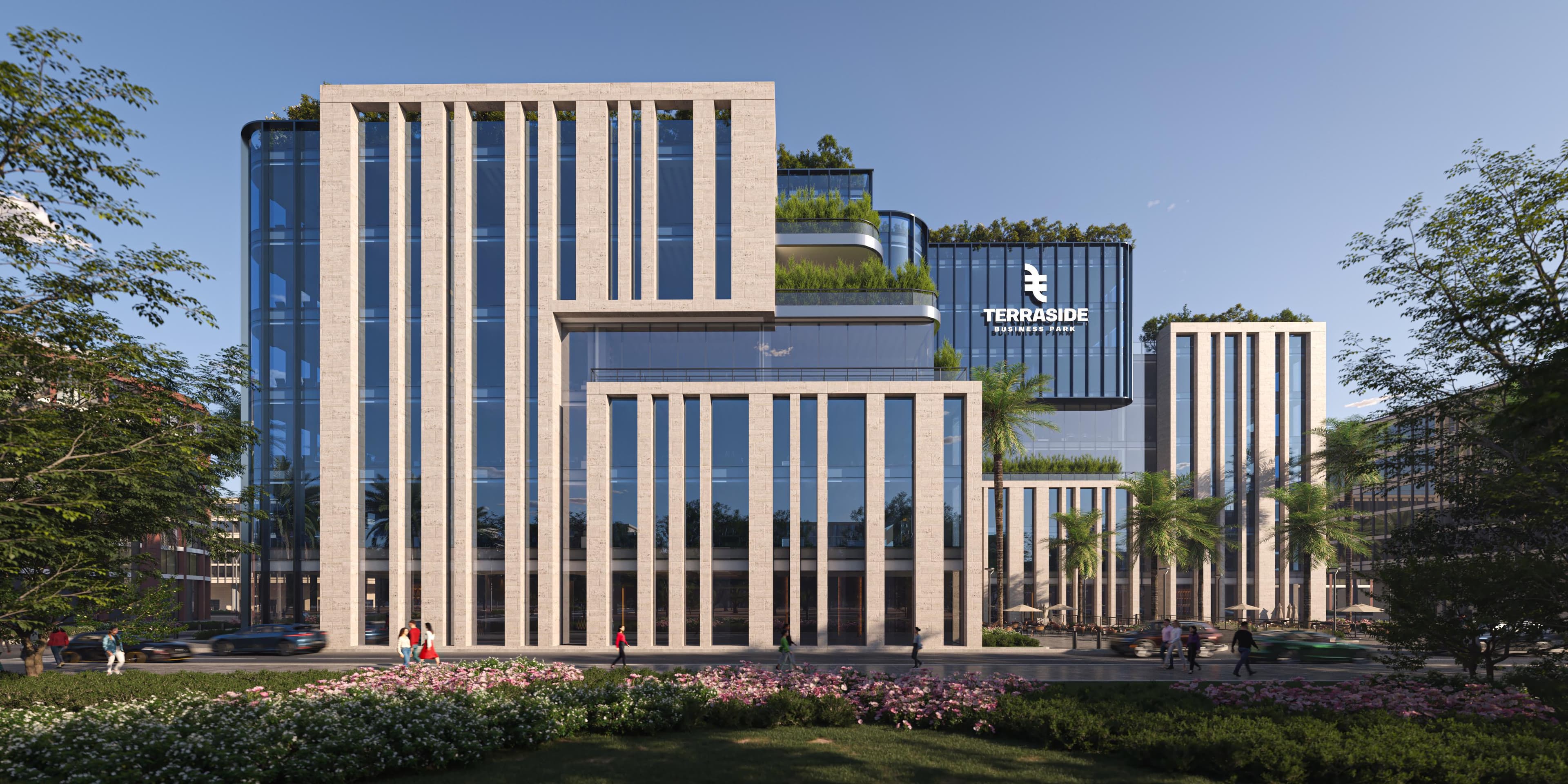 Modern office with biophilic design - large windows overlooking green landscape with indoor plants